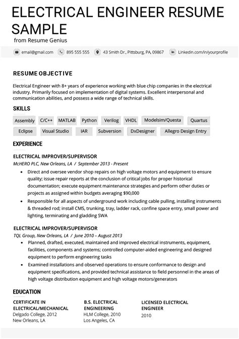 Electrical Engineer Resume Example Amp Writing Tips Resume Genius Electrical Engineer Resume Example Amp Writing Tips Resume Genius